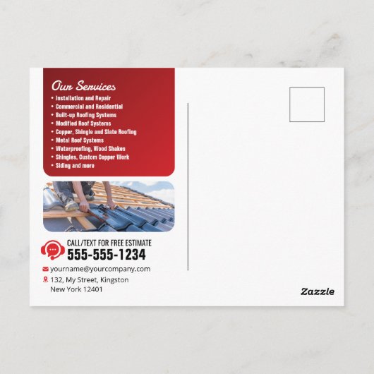 赤のモダン専門家の信頼性の高い屋根の修復シングル ポストカード (裏面)