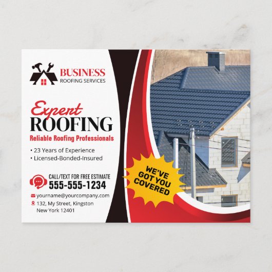赤のモダン専門家の信頼性の高い屋根の修復シングル ポストカード (正面)