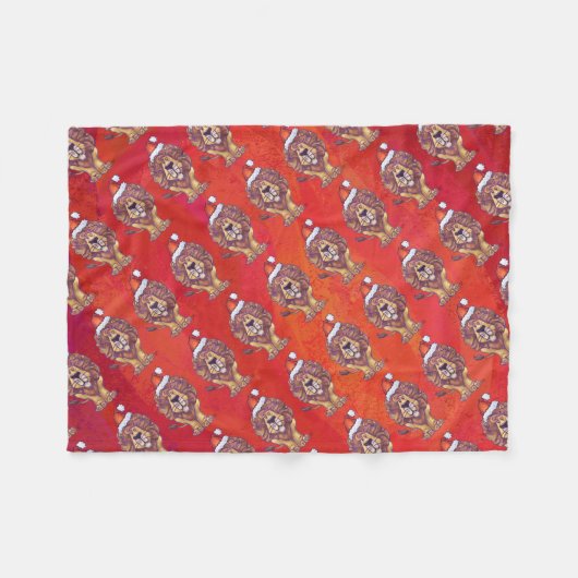 赤のライオンクリスマス フリースブランケット (正面(横))