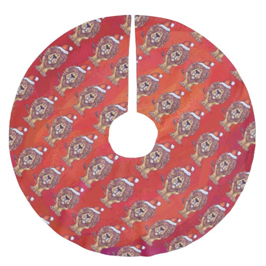 赤のライオンクリスマス ブラッシュドポリエステルツリースカート (正面)