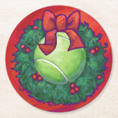 赤のリースのテニス・ボール ラウンドペーパーコースター (正面)