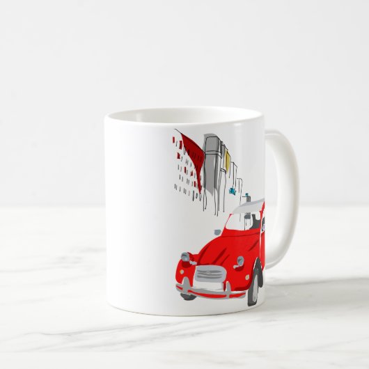赤のヴィンテージのスタイルのシトロエン2CV車が付いているマグ コーヒーマグカップ (正面右)