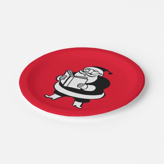 赤のヴィンテージX-Masの黒い及び白人の読むサンタ ペーパープレート (アングル)