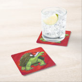 赤の上に亀のクリスマス スクエアペーパーコースター (インサイチュ)