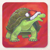 赤の上に亀のクリスマス スクエアペーパーコースター (正面)