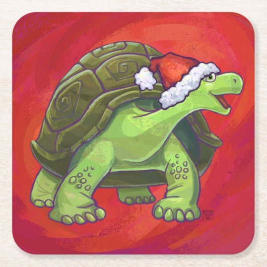 赤の上に亀のクリスマス スクエアペーパーコースター (正面)