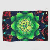 赤の上に派手で粗い緑がかったデジタルフラワー ゴルフタオル (横)