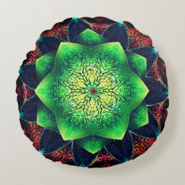 赤の上に派手で粗い緑がかったデジタルフラワー ラウンドクッション