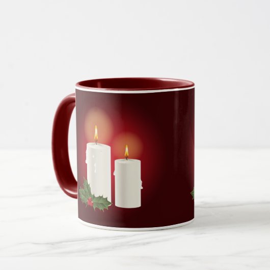 赤の上に白いクリスマスキャンドルと文字 マグカップ (正面左)