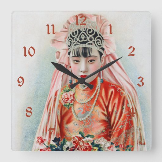 赤の上海中国のゆええんぱいの花嫁 スクエア壁時計 (正面)