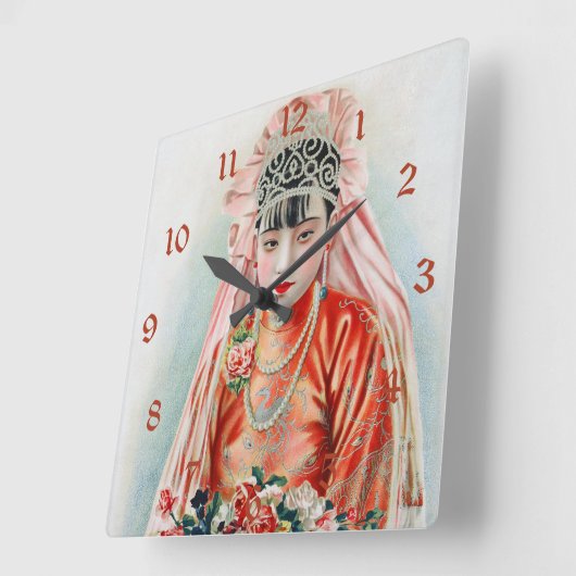 赤の上海中国のゆええんぱいの花嫁 スクエア壁時計 (傾斜)
