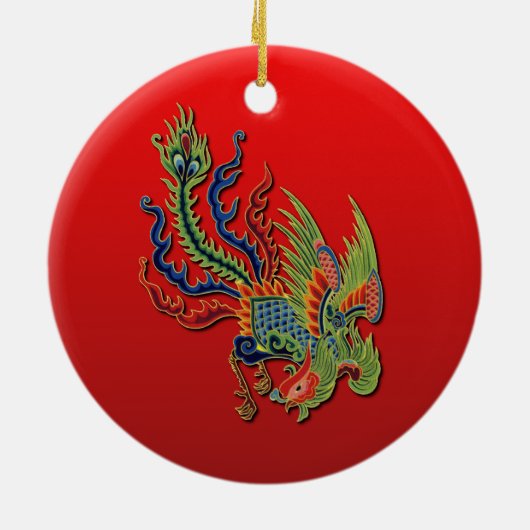 赤の中国ので豊かな孔雀の入れ墨のデザイン セラミックオーナメント (裏面)