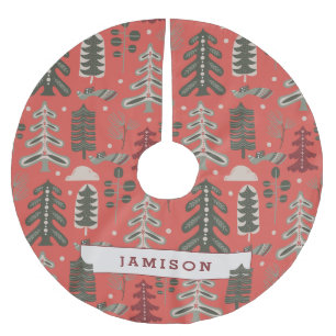 赤の北欧の緑と白のツリーパターン ブラッシュドポリエステルツリースカート