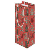 赤の北欧の緑と白のツリーパターン ワインギフトバッグ (裏面アングル)