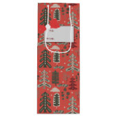 赤の北欧の緑と白のツリーパターン ワインギフトバッグ (正面)