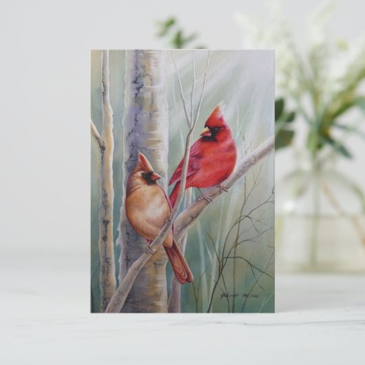 赤の北(鳥)ショウジョウコウカンチョウ鳥ペア水彩画 サンキューカード (スタンド正面)