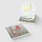 赤の北(鳥)ショウジョウコウカンチョウ鳥ペア水彩画 ストーンコースター (横)