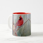 赤の北（鳥）ショウジョウコウカンチョウ鳥ペア水彩画 ツートーンマグカップ (正面左)