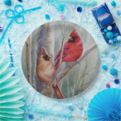 赤の北（鳥）ショウジョウコウカンチョウ鳥ペア水彩画 ペーパープレート (パーティー)