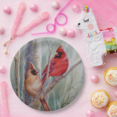 赤の北（鳥）ショウジョウコウカンチョウ鳥ペア水彩画 ペーパープレート (パーティー)