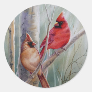 赤の北(鳥)ショウジョウコウカンチョウ鳥ペア水彩画 ラウンドシール
