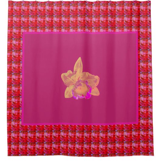 赤の大きな黄色とマゼンタの蘭 シャワーカーテン (正面)