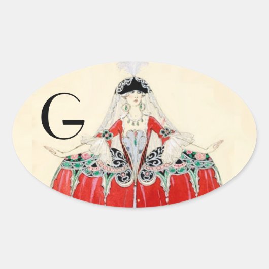 赤の女性，美しい,ファッション衣装デザインモノグラム 楕円形シール (正面)