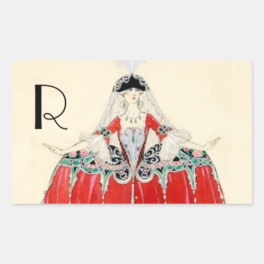 赤の女性,美しい,ファッション衣装デザインモノグラム 長方形シール (正面)