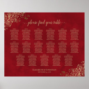 赤の座席表の17台の金ゴールド結婚フリル ポスター
