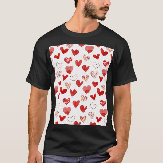 赤の愛のハート、水色パターン。 Tシャツ (正面)
