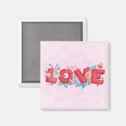 赤の愛の文字はっきりしたブロックフォント水色 マグネット (正面/裏面)