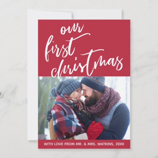 赤の手書き私たちの初めてのクリスマス、写真 シーズンカード (正面)