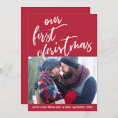 赤の手書き私たちの初めてのクリスマス、写真 シーズンカード (正面/裏面)