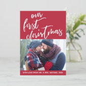 赤の手書き私たちの初めてのクリスマス、写真 シーズンカード (スタンド正面)