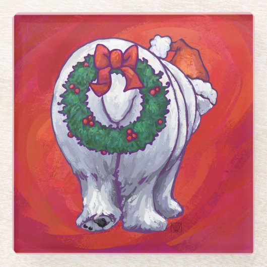 赤の極熊のクリスマス ガラスコースター (正面)