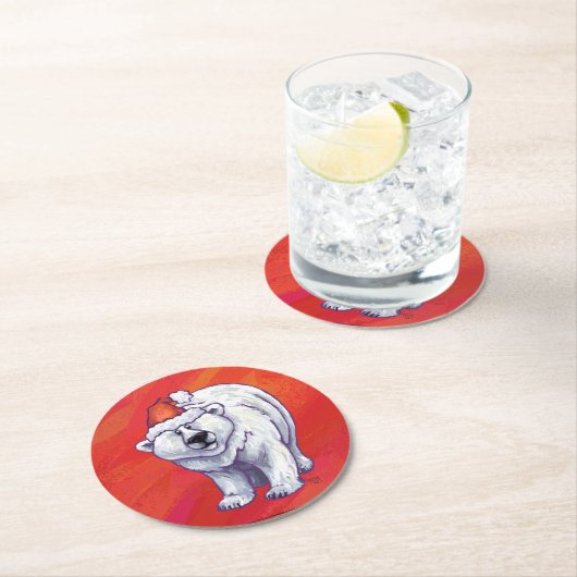 赤の極熊のクリスマス ラウンドペーパーコースター (インサイチュ)