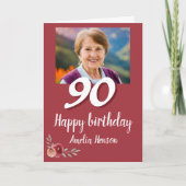 赤の水彩ローズ フォト 90歳の誕生日 カード (正面)