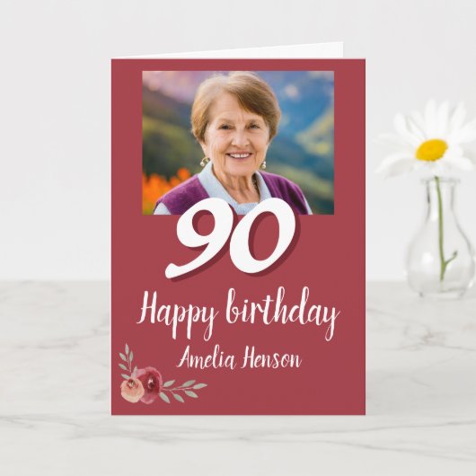赤の水彩ローズ フォト 90歳の誕生日 カード (小さな植物)