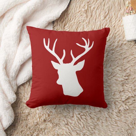 赤の白いシカの頭部のシルエット クッション (ブランケット)