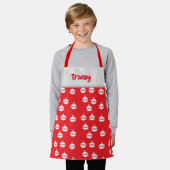 赤の白いシボストライプロンオーナメント エプロン (着用した状態)