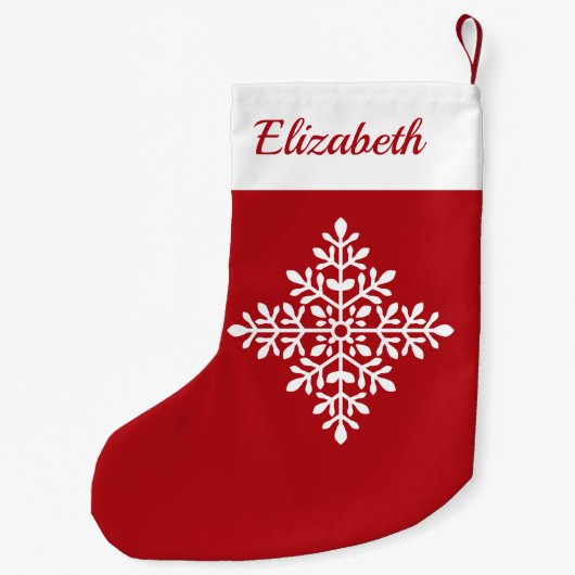 赤の白いスノーフレークの形と名前をカスタムする スモールクリスマスストッキング (裏面)