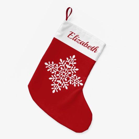 赤の白いスノーフレークの形と名前をカスタムする スモールクリスマスストッキング (正面 (吊り時))