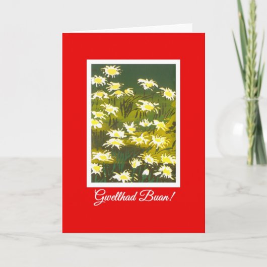赤の白いデイジーGet Well Card:ウェルシュ挨拶 カード (正面)