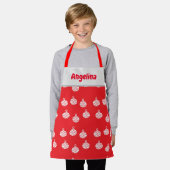 赤の白い曲線のオーナメント エプロン (着用した状態)