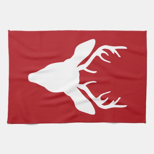 赤の白い鹿の頭のシルエット キッチンタオル (横)