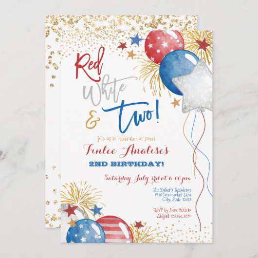 赤の白と青の愛国心2歳の誕生日 招待状 (正面/裏面)