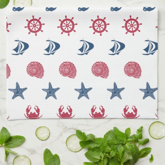 赤の白と青の海の記号パターン キッチンタオル (折り畳み)
