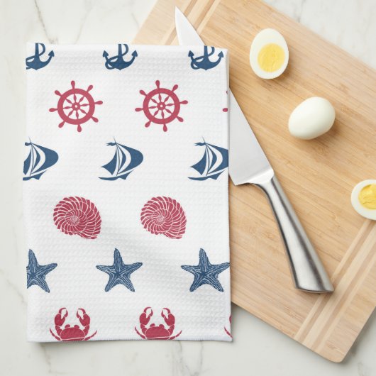 赤の白と青の海の記号パターン キッチンタオル (四つ折り)