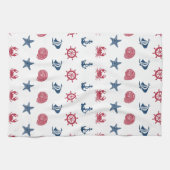 赤の白と青の海の記号パターン キッチンタオル (横)