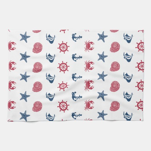 赤の白と青の海の記号パターン キッチンタオル (横)